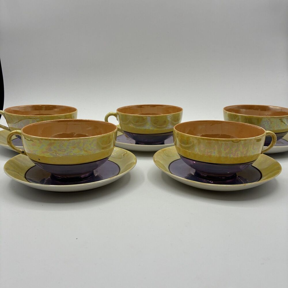 Vintage Iridescent Lusterware Tea Cups & Saucers Set of 5 Orange Yellow Purple